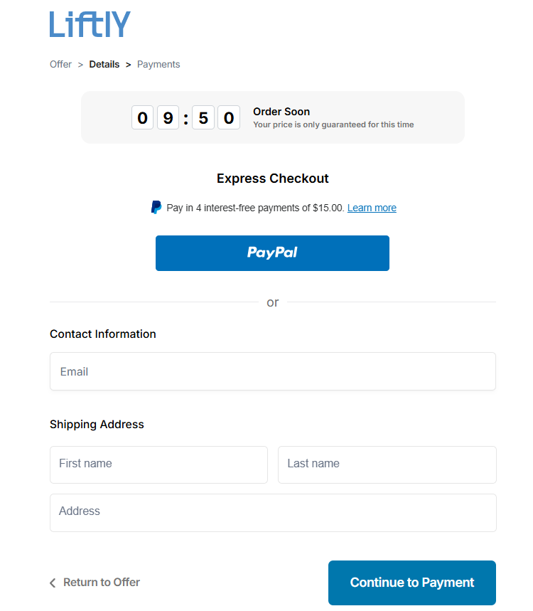 Liftly insoles official checkout page with express PayPal checkout and shipping details form