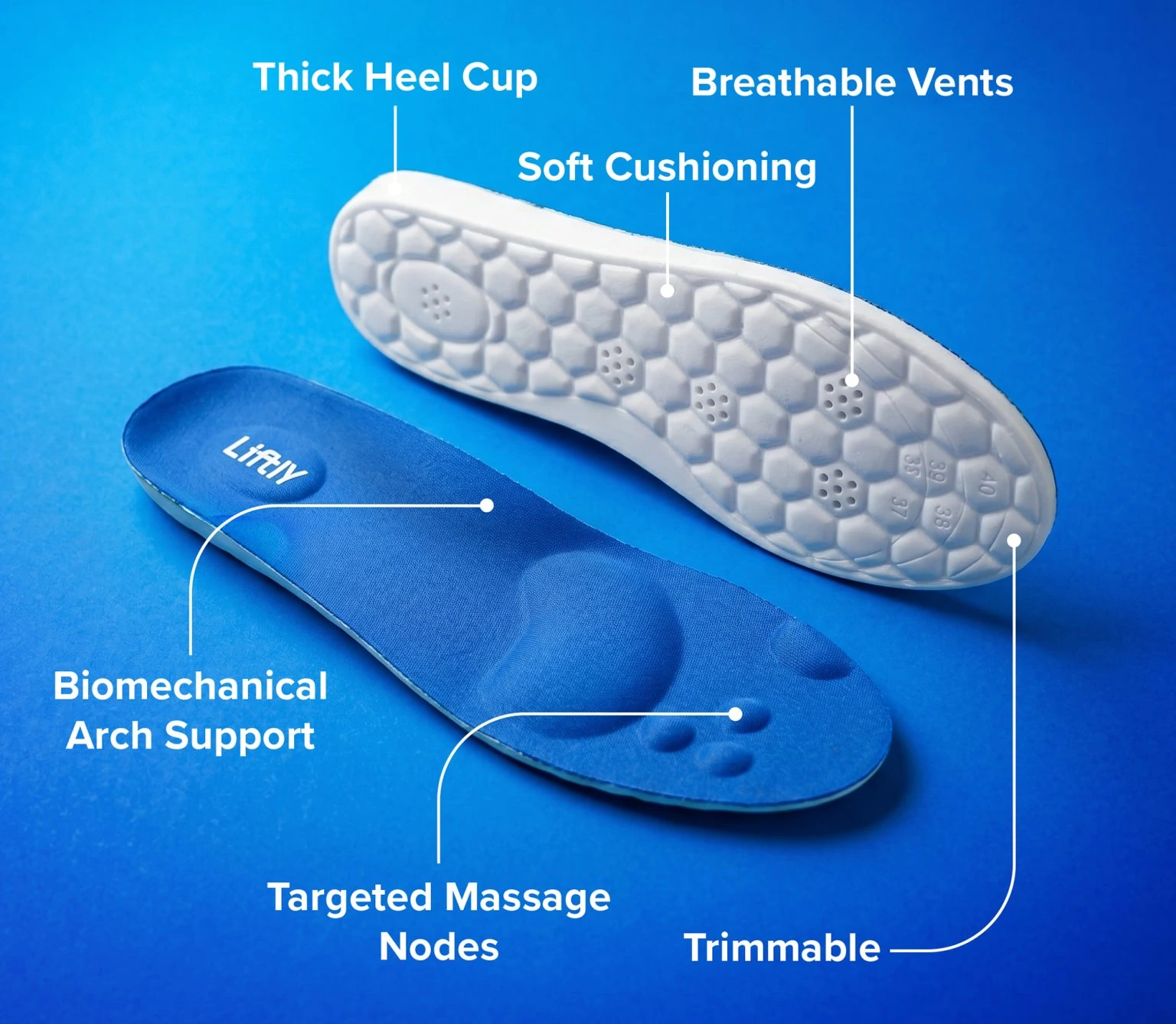 Liftly insoles features: thick heel cup, soft cushioning, breathable vents, biomechanical arch support, targeted massage nodes and trimmable design