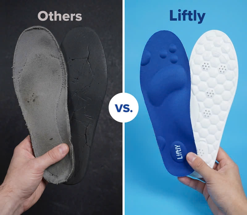 Worn-out ordinary insoles compared with new Liftly insoles